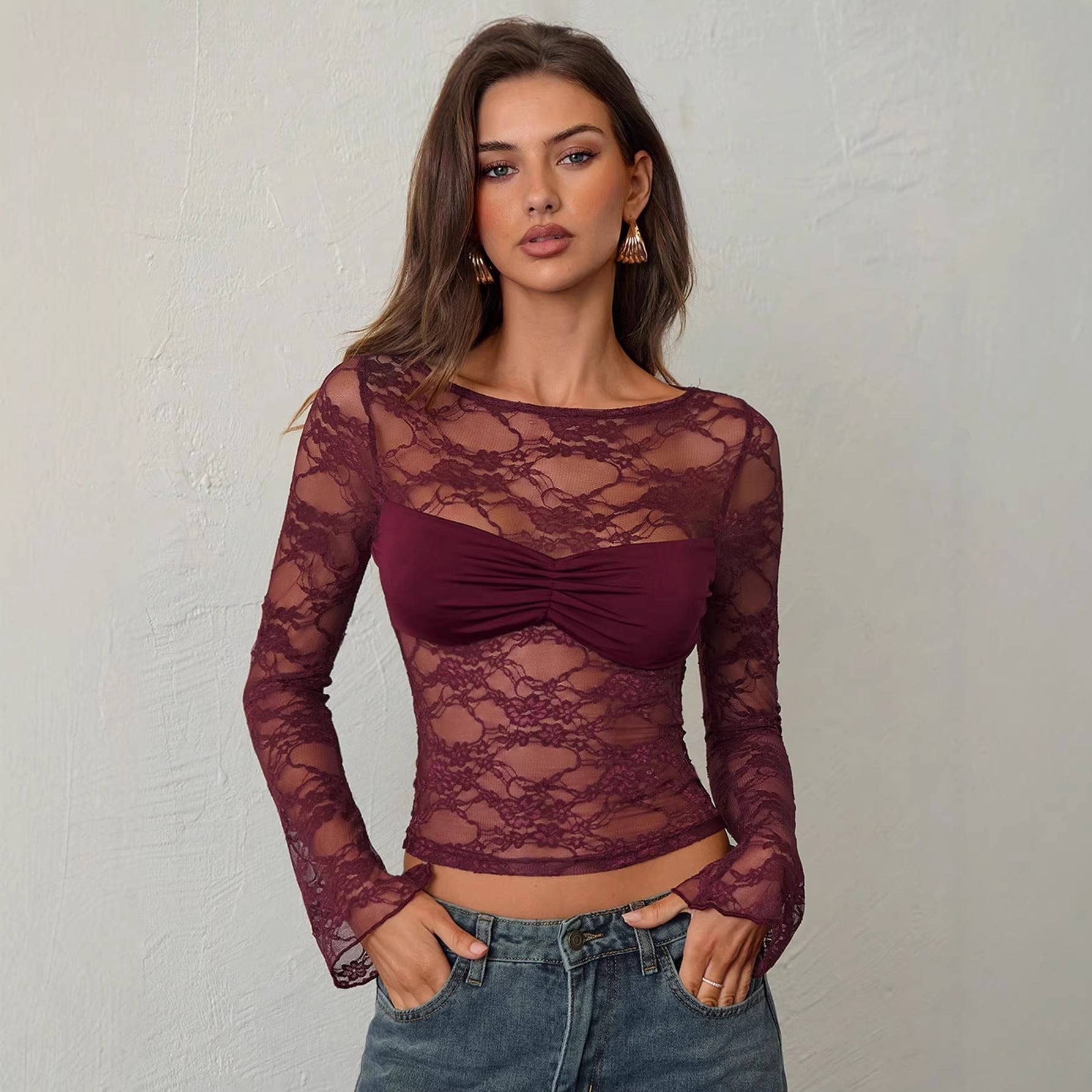 Damen nan tailliertes Spitzenoberteil mit integriertem Bustier und geraffter Brustpartie R&B