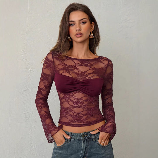 Damen nan tailliertes Spitzenoberteil mit integriertem Bustier und geraffter Brustpartie R&B