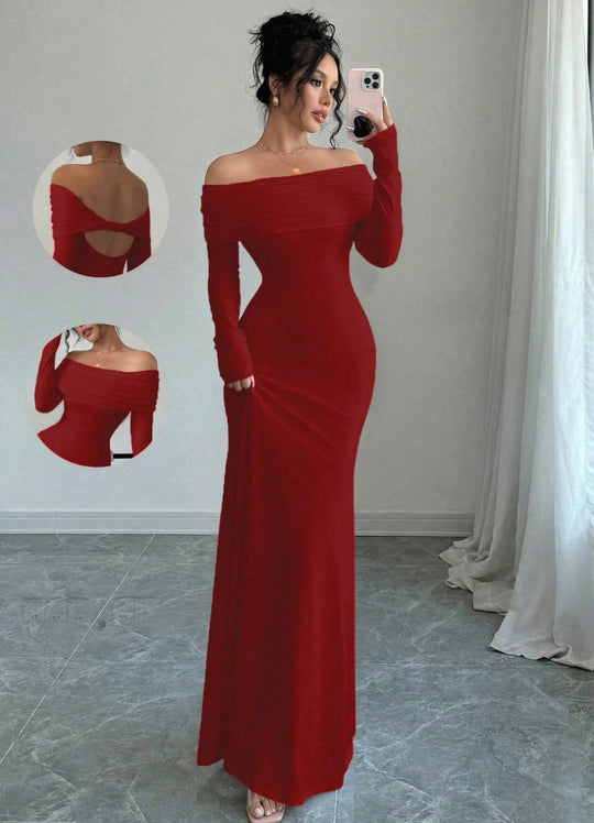 Damen Elegantes und figurbetontes Off-Shoulder Maxikleid mit langen Ärmeln R&B