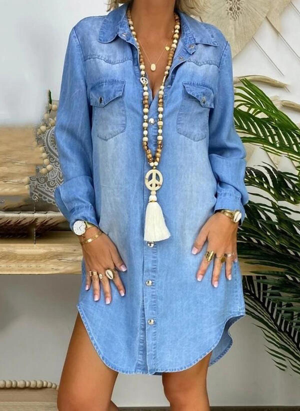 Weite, einfarbige Denim-Hemdbluse mit langen Ärmeln