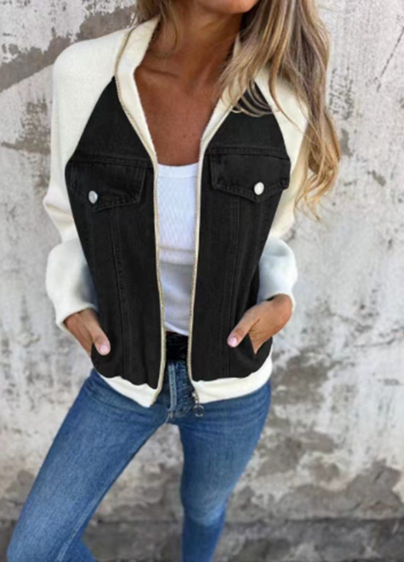 Damen nan Sweat-Jeans-Bomberjacke mit Raglanärmeln Brustklappen und Reißverschluss R&B