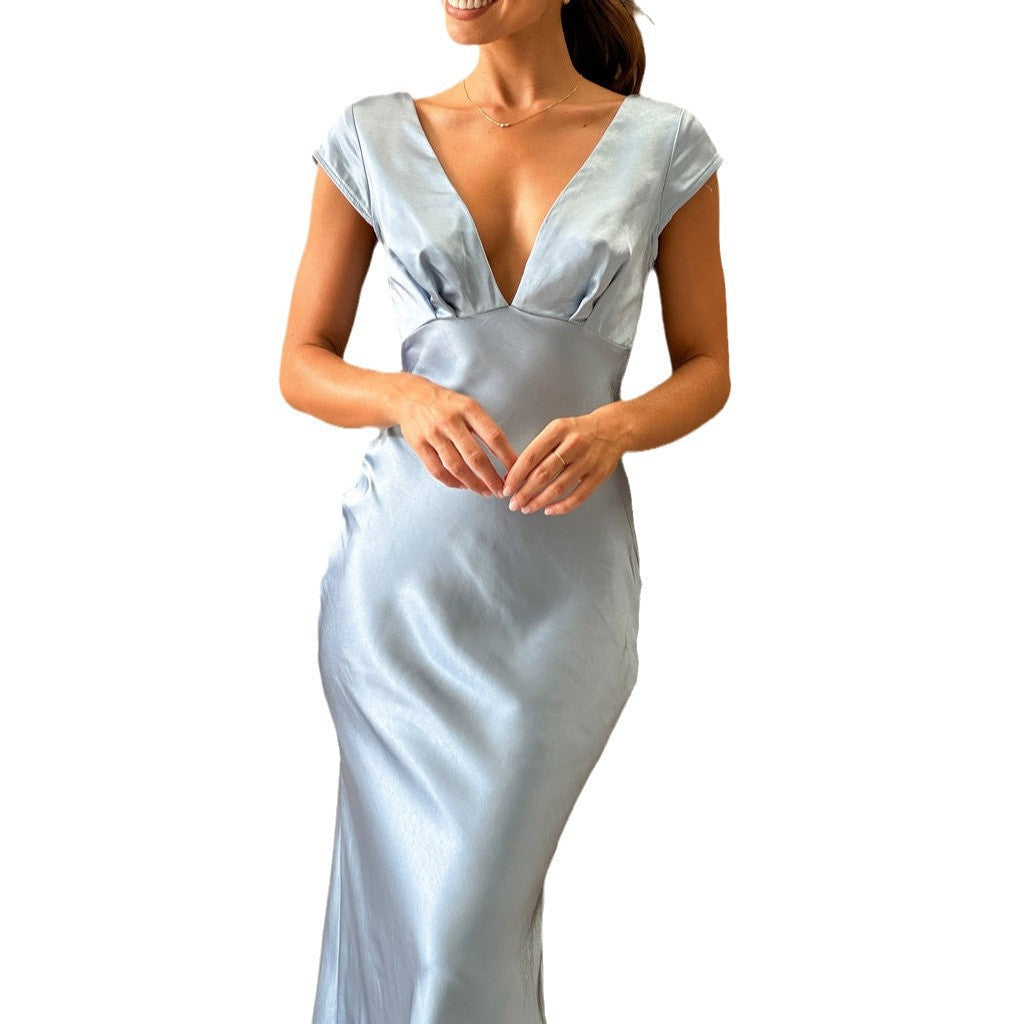Damen Elegantes Maxikleid mit tiefem V-Ausschnitt und fließendem Satinmaterial R&B