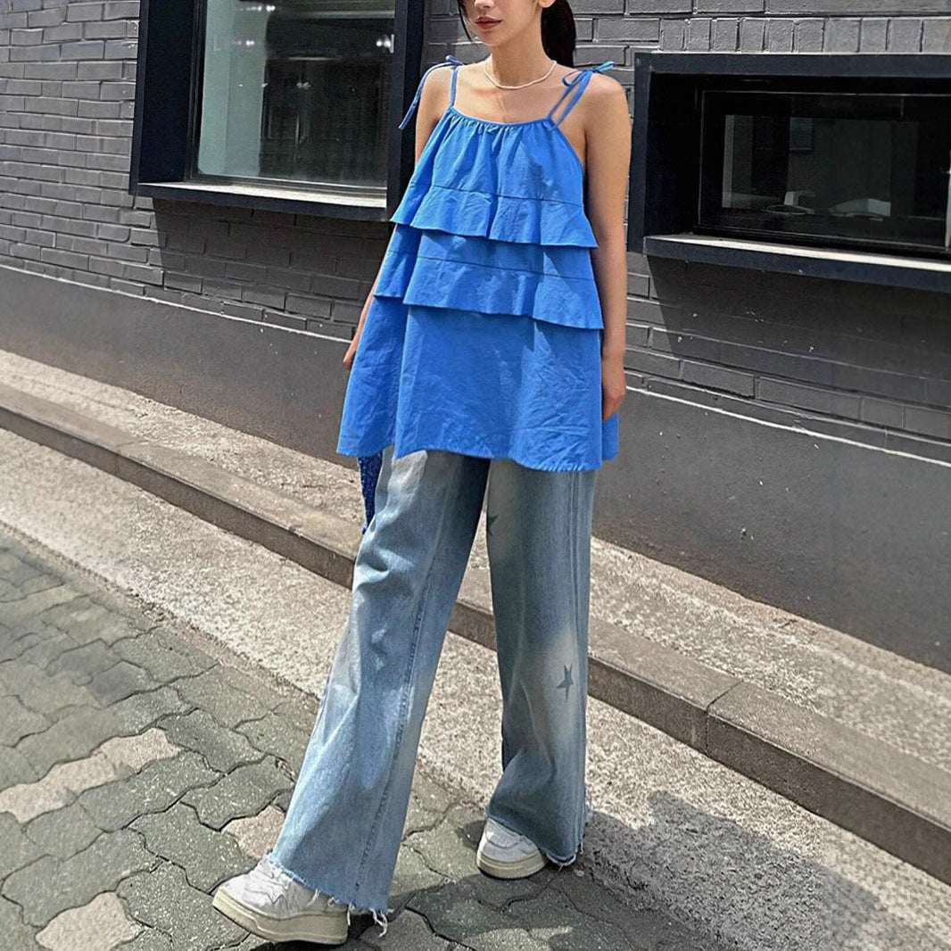 Damen luftiges Schwingkleid mit mehrlagigem Design und verstellbaren Trägern R&B