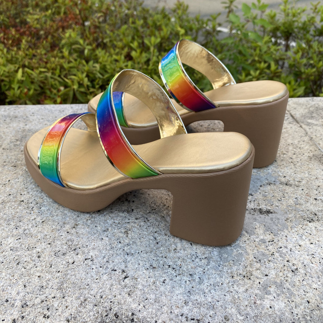 Damen Plateau-Sandalen mit regenbogenfarbenem Glanz und bequemem Absatz R&B