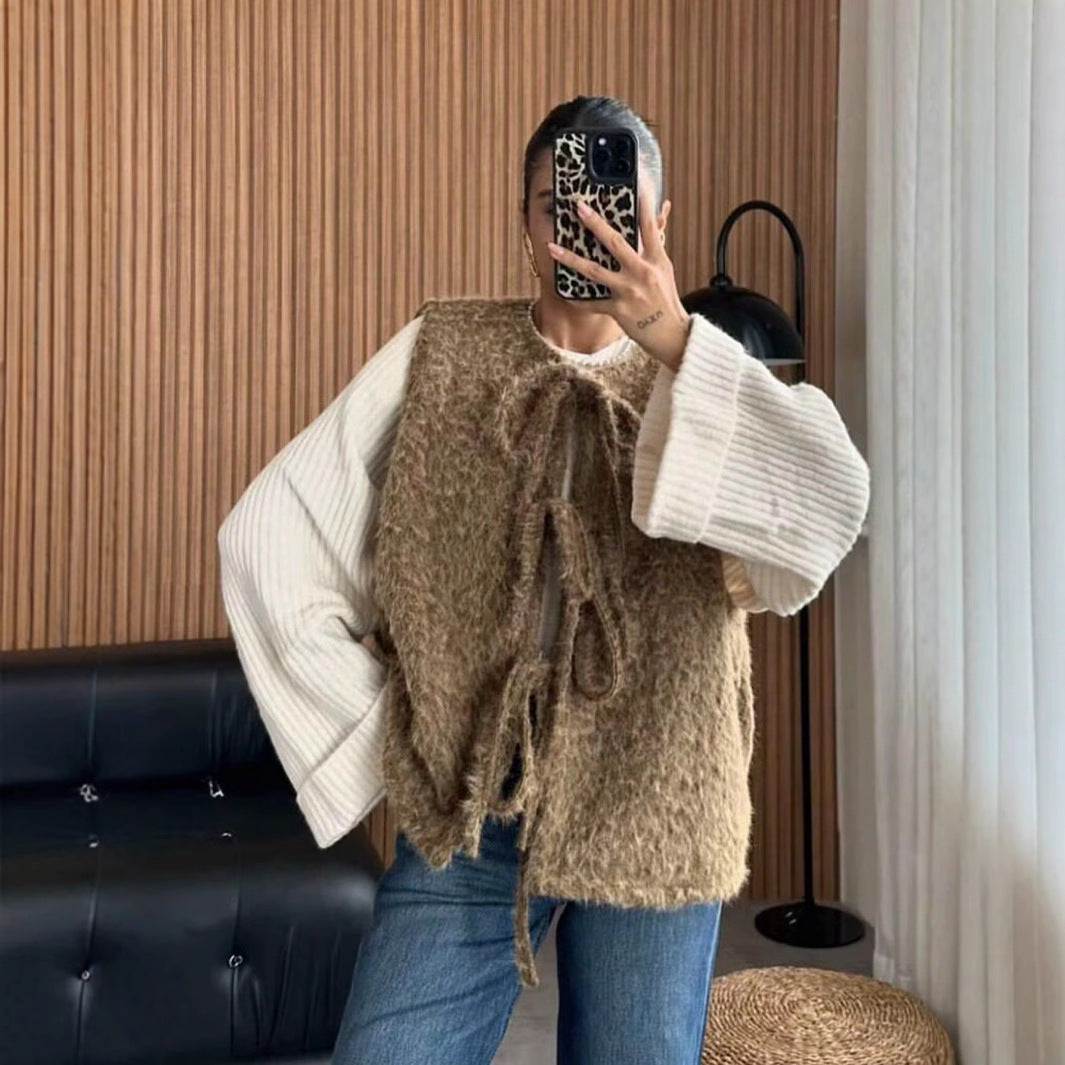 Damen elegante Strickweste mit dekorativen Schleifen R&B