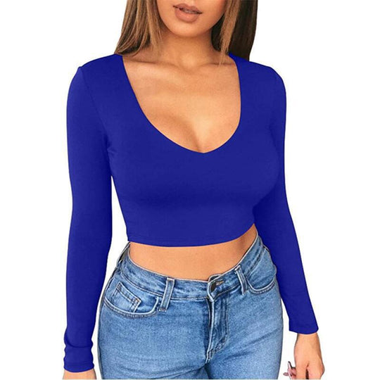 Damen modisches Crop-Top mit tiefem V-Ausschnitt und langen Ärmeln R&B
