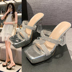 Damen Glamouröse Plateau-Sandalen mit transparentem Blockabsatz R&B