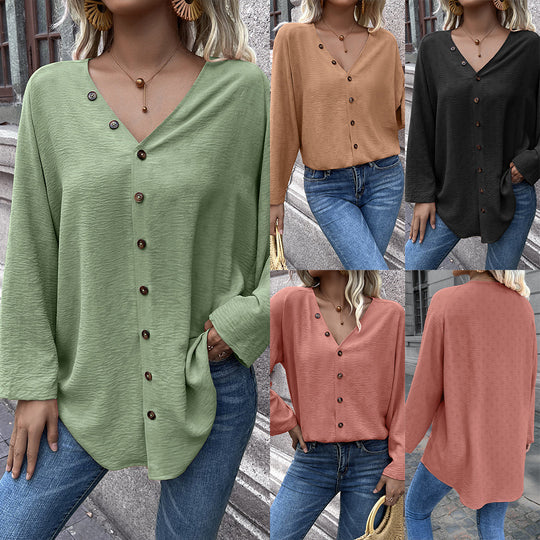 Damen lässiges Langarm-Oberteil mit Knoten und Knopfdetails R&B
