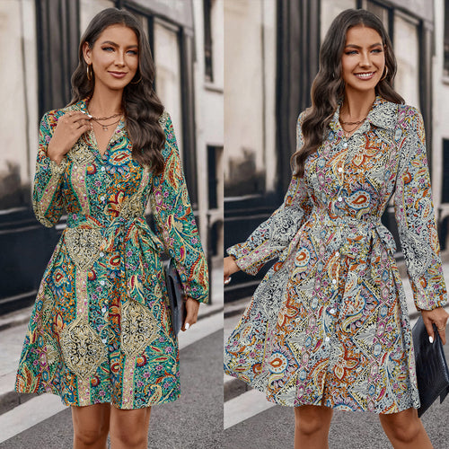 Damen Hemdblusenkleid mit buntem Paisleymuster und Gürtel R&B