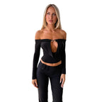 Damen Off-Shoulder Bluse mit dekorativem Ausschnitt und langen Ärmeln R&B
