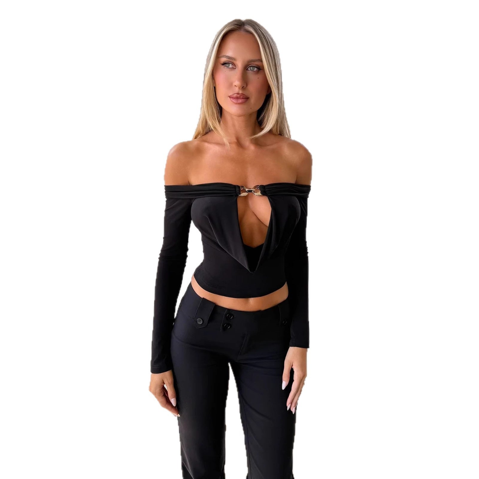 Damen Off-Shoulder Bluse mit dekorativem Ausschnitt und langen Ärmeln R&B