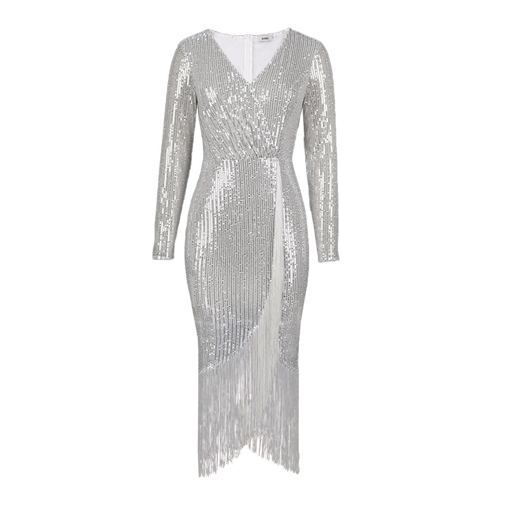 Damen Festliches Kleid mit schimmernden Fransen und elegantem Wickelausschnitt R&B