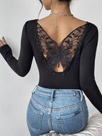 Damen Langarm Bodysuit mit eleganter Rückenausschnitt-Optik und bezaubernden Spitzenakzenten R&B