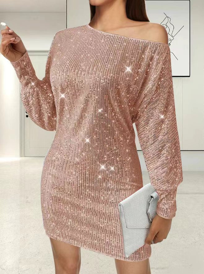 Damen Glamouröses Minikleid mit asymmetrischem Schulterdesign und Funkeleffekten R&B