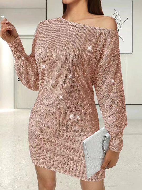 Damen Glamouröses Minikleid mit asymmetrischem Schulterdesign und Funkeleffekten R&B
