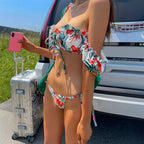Damen Blumenmuster Bikini mit Puffärmeln R&B