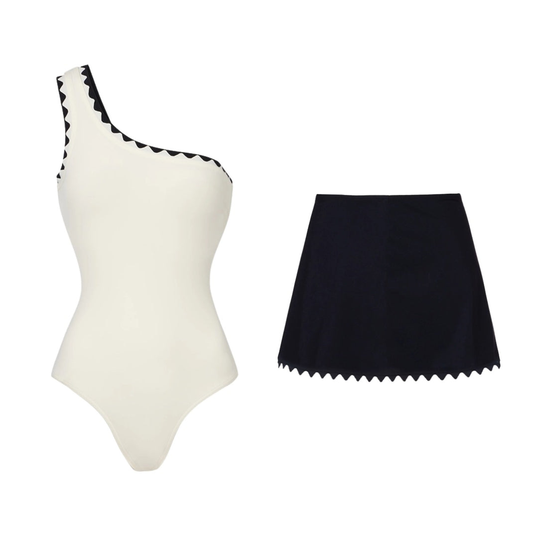 Damen Einteiler Badeanzug mit asymmetrischem Design und passendem Rock R&B