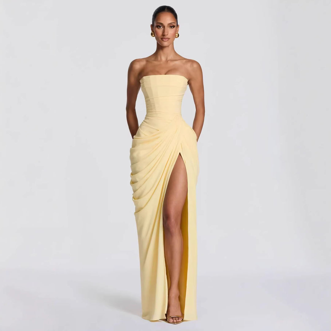 Damen Elegantes Bandeau Abendkleid mit Raffungen und Beinschlitz R&B