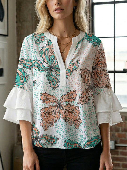 Damen Bluse mit voluminösen Rüschenärmeln und kreativem Floraldesign R&B