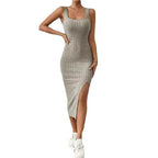 Damen figurbetontes Maxikleid mit hohem Schlitz und dekorativem Rippenmuster R&B