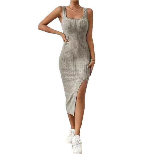 Damen figurbetontes Maxikleid mit hohem Schlitz und dekorativem Rippenmuster R&B