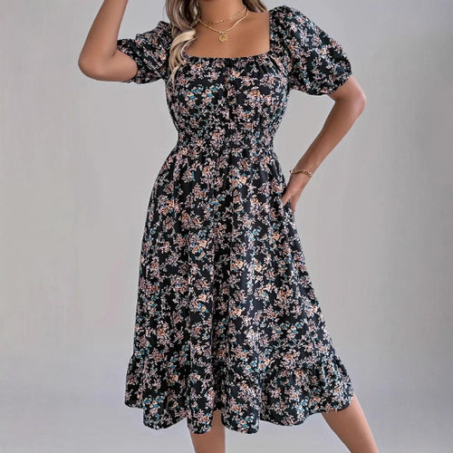 Damen sommerliches Blumenkleid mit Puffärmeln und Rüschensaum R&B