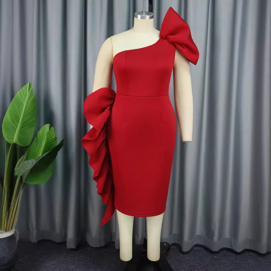Damen figurbetontes Abendkleid mit asymmetrischem Design und voluminösem Schleifenakzent R&B