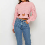 Damen Grob gestrickter Pullover mit Herzverzierungen und lockerem Schnitt R&B