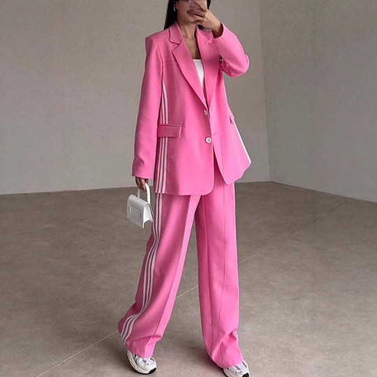 Damen Modisches Blazer-Hosen-Set mit kontrastierenden Streifen R&B