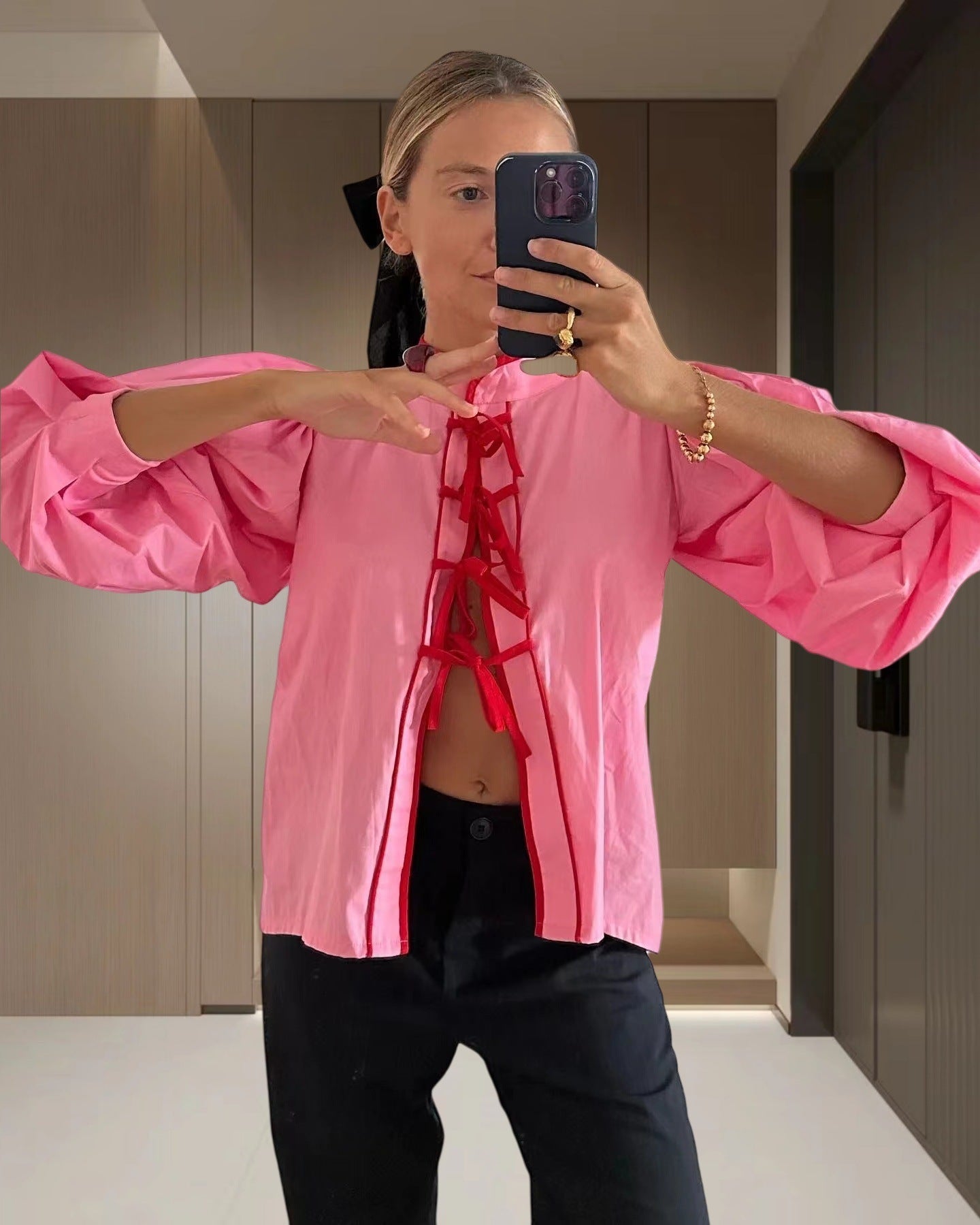 Damen modische Bluse mit Kordelzug und Puffärmeln R&B