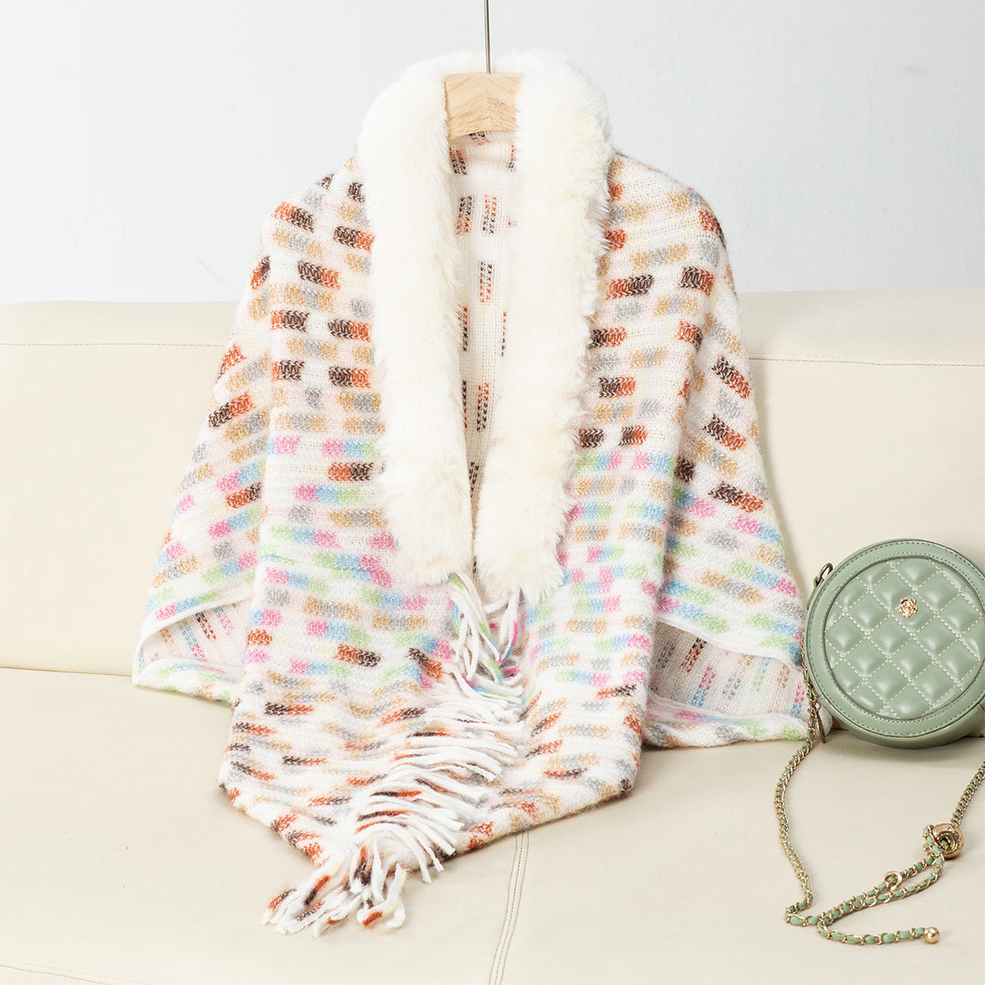 Damen eleganter Poncho mit luxuriösem Kunstfellkragen und Fransen R&B