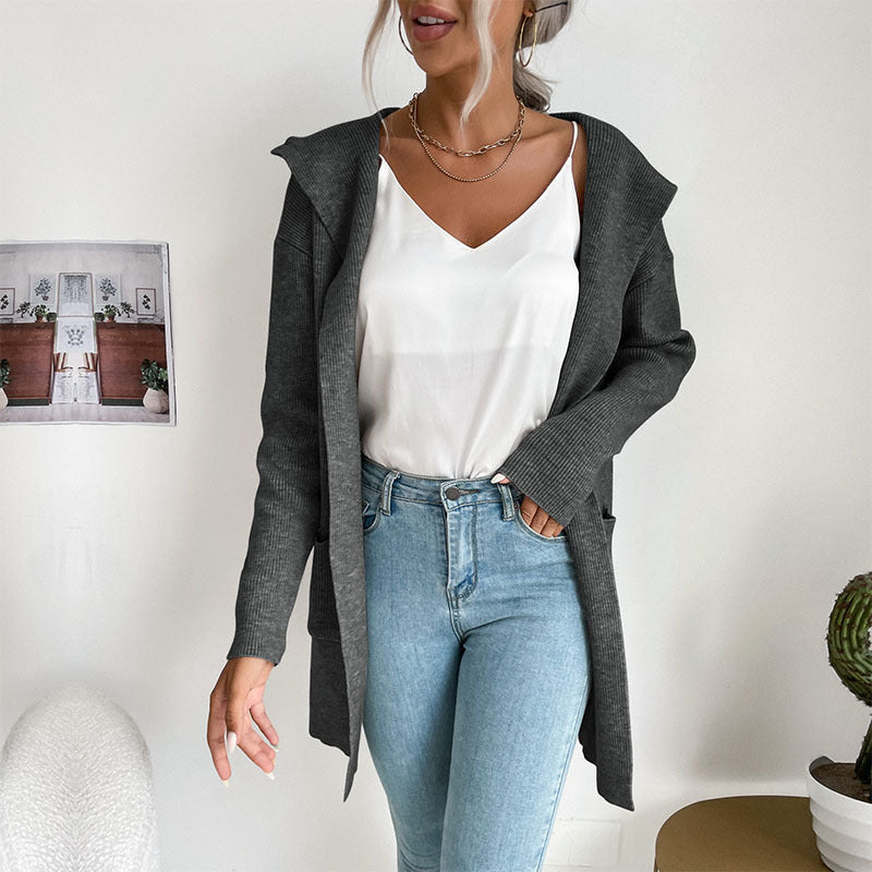 Damen Langärmlige Strickjacke mit Kapuze und seitlichen Taschen R&B
