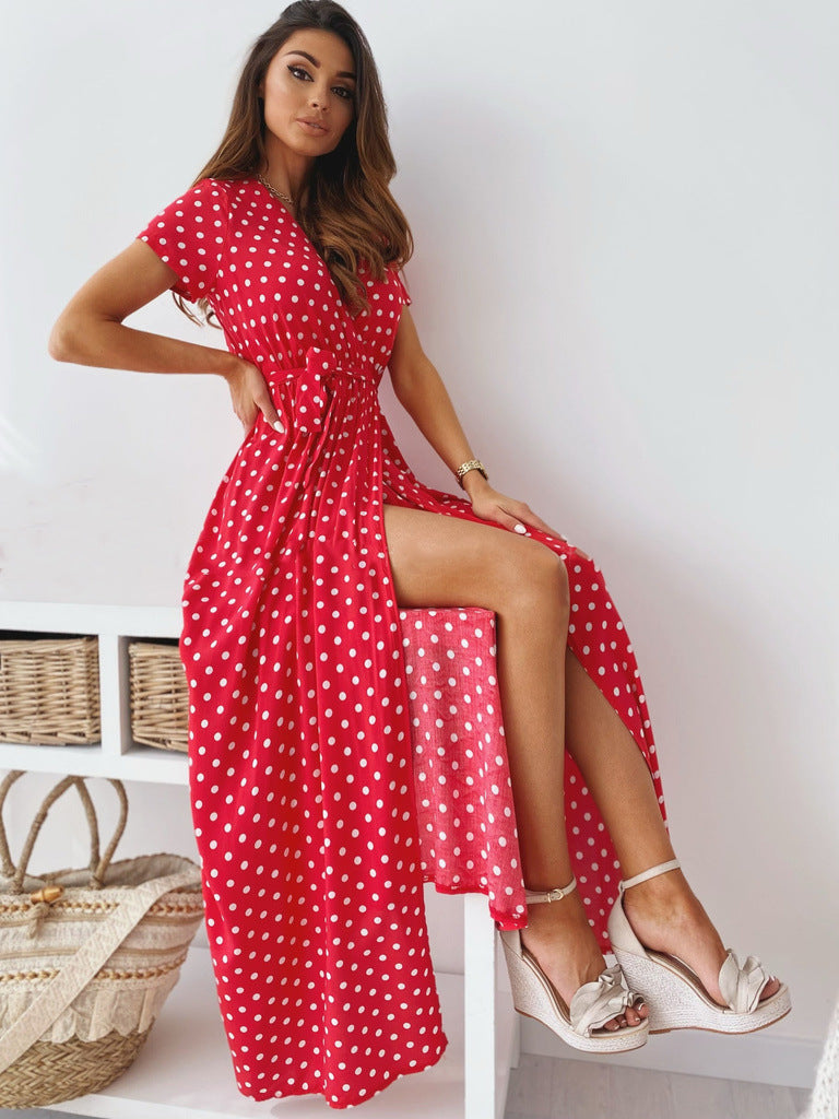 Damen Maxikleid mit Polka-Dots und verstellbarem Taillengürtel R&B