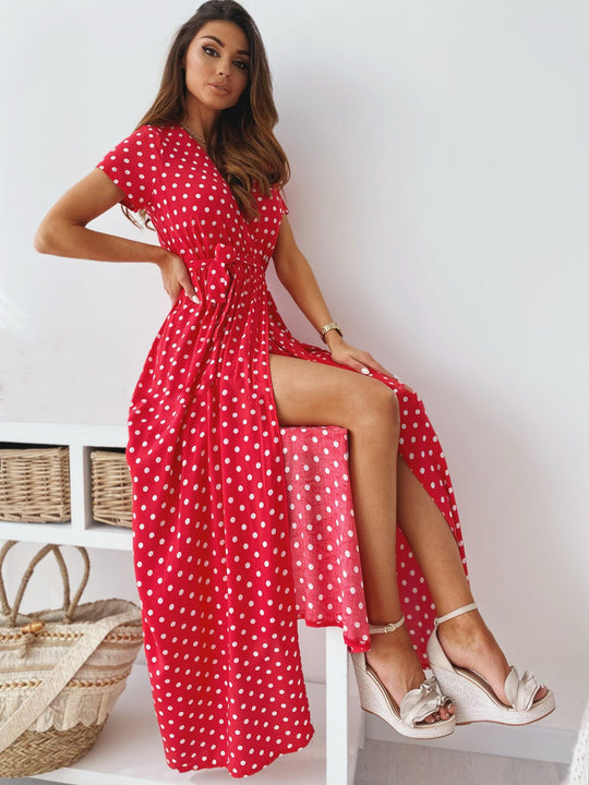 Damen Maxikleid mit Polka-Dots und verstellbarem Taillengürtel R&B