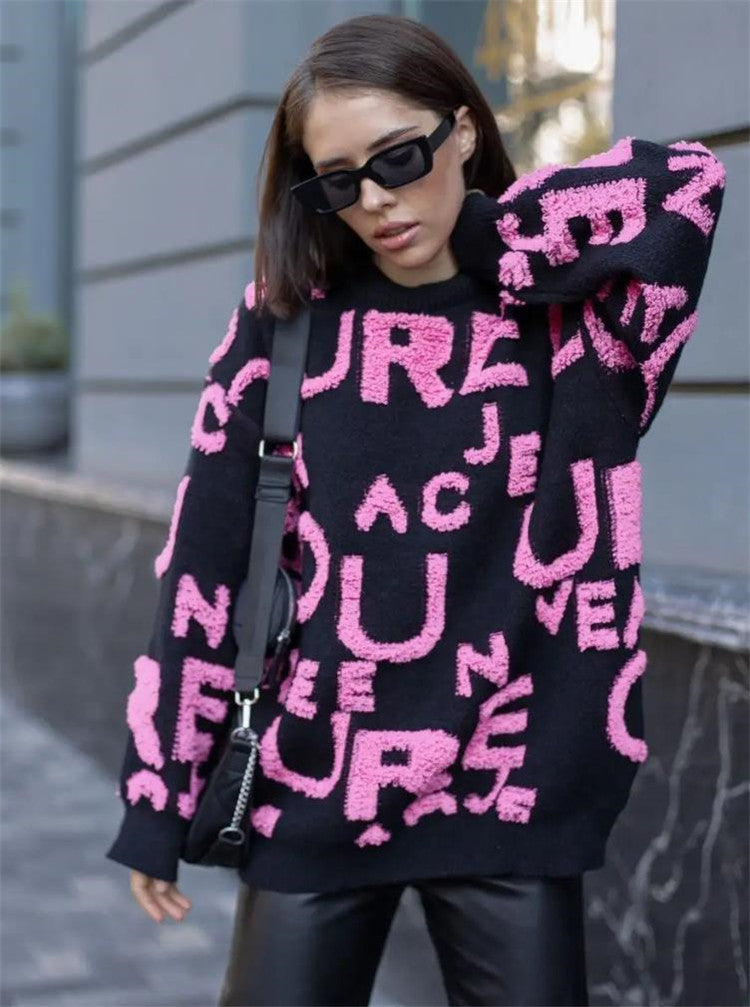 Damen Oversized Strickpullover mit auffälligem Schriftzug und lässiger Passform R&B