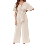 Damen eleganter Wickel-Jumpsuit mit weiten Beinen und Taillengürtel R&B