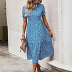 Damen nan ausgestelltes Midikleid mit hohem Rundhalsausschnitt, Puffärmeln, geraffter Empire-Taille und Stufensaum R&B