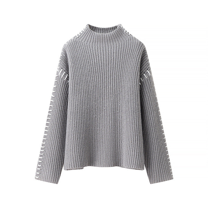 Damen Grobstrickpullover mit hohem Kragen und dekorativen Details R&B