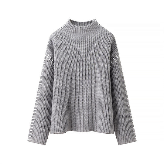 Damen Grobstrickpullover mit hohem Kragen und dekorativen Details R&B