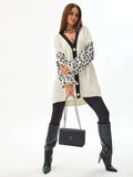 Damen Langer Strickcardigan mit Leopardenmuster und Knopfdetails