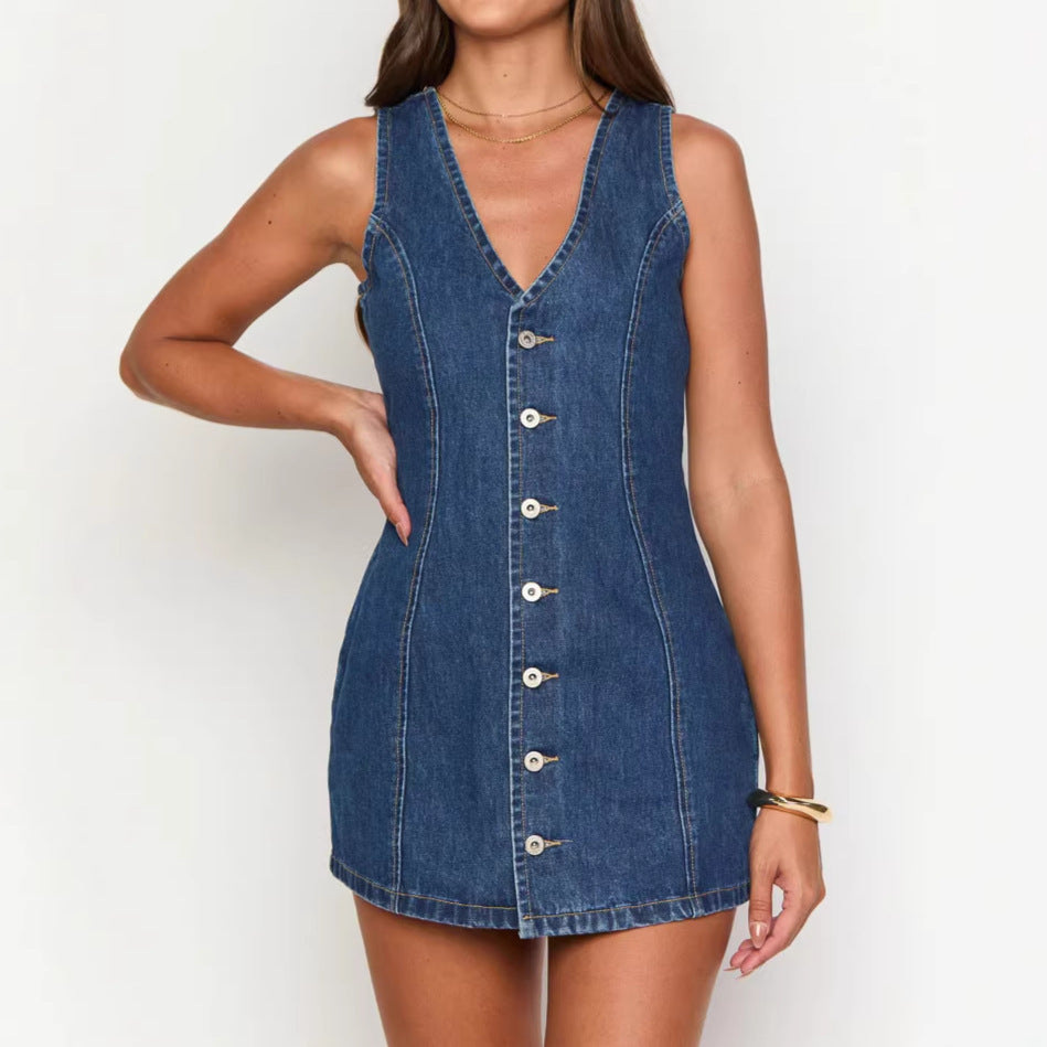 Damen Jeanskleid mit V-Ausschnitt und Knopfleiste R&B