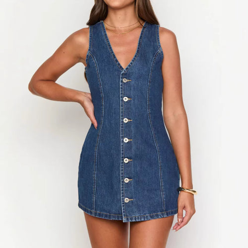 Damen Jeanskleid mit V-Ausschnitt und Knopfleiste R&B