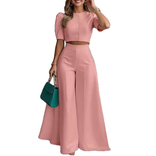Damen elegantes kurzes Oberteil mit Puffärmeln und hochgeschnittenen Palazzo-Hosen R&B