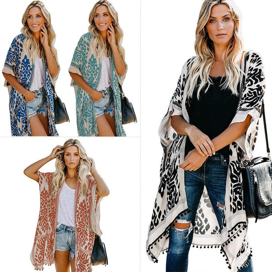 Damen Luftige Kimono-Cardigan mit aufwändigem Muster und fransenbesetzten Saum R&B