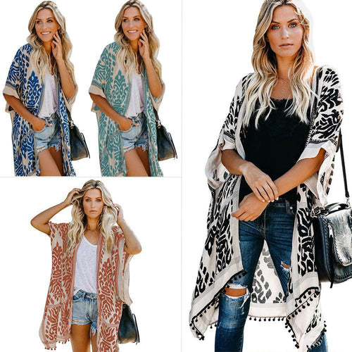 Damen Luftige Kimono-Cardigan mit aufwändigem Muster und fransenbesetzten Saum R&B