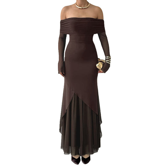 Damen elegantes schulterfreies Maxikleid mit raffiniertem Rüschenoberteil und asymmetrischem Saum R&B