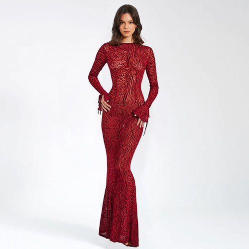 Damen Figurbetontes Maxikleid mit tierischem Muster und weiten Ärmeln R&B
