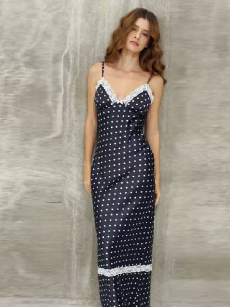 Damen Satin Nachthemd mit Spitzenapplikationen und Polka-Dots R&B