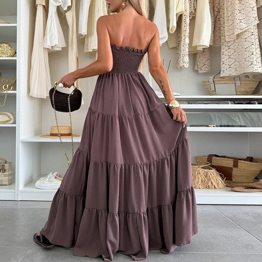 Damen Maxi-Kleid mit Smocked-Oberteil und voluminösen Rüschen R&B
