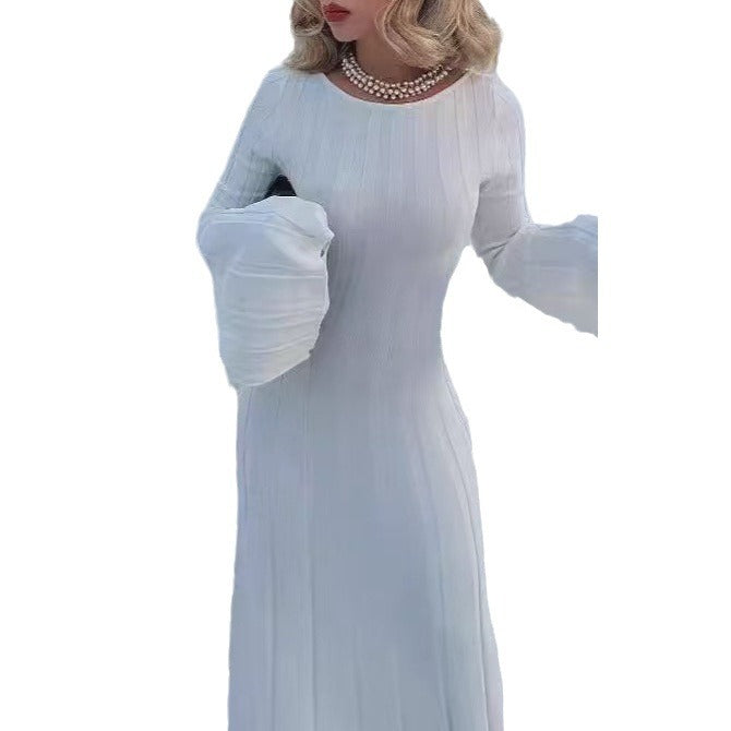 Damen Langärmliges Midikleid mit tiefem Rückenausschnitt und feinen Streifen R&B